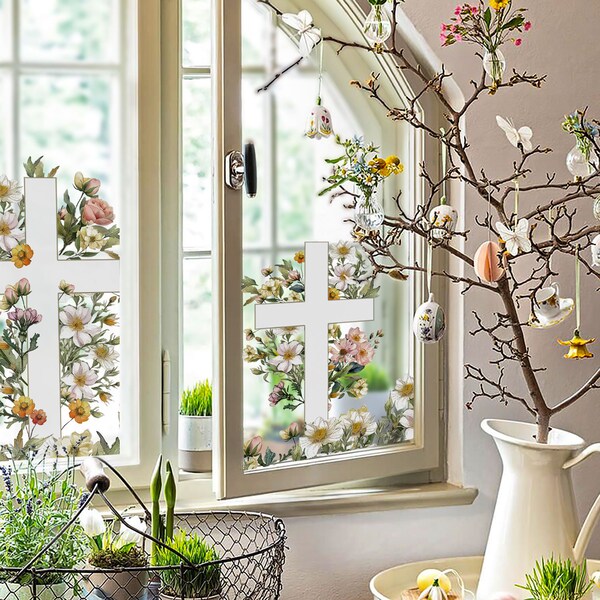 FUNLIFE|Aquarell Frühling Ostern Blumen Kreuz, botanischer Fenster Aufkleber, wiederverwendbar und nicht klebend, Aquarell Frühling Ostern für Wohnzimmer
