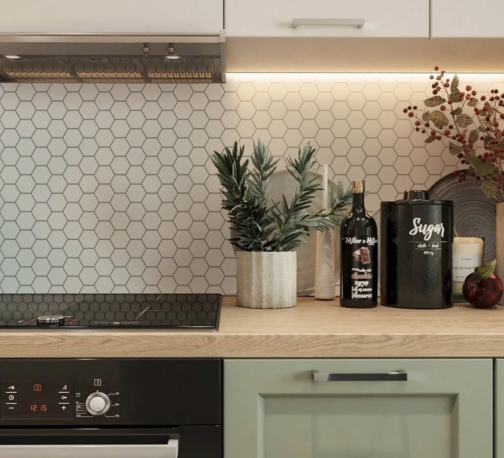 white hexagon peel and stick backsplash
