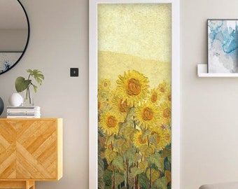 FUNLIFE | Sunflower Door Wallpaper, Watercolor Flower Door Wrap, Peel and Stick, Landscape Door Mural Decal, Medaow Door Wall Sticker