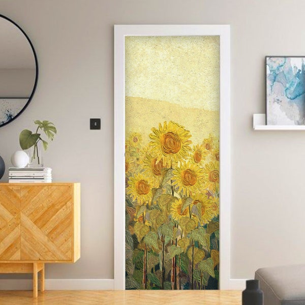 FUNLIFE | Sunflower Door Wallpaper, Watercolor Flower Door Wrap, Peel and Stick, Landscape Door Mural Decal, Medaow Door Wall Sticker