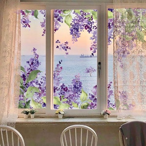 FUNLIFE| Wisteria Flowers Window Decal, Spring Window Display, Removable and Non Adhesive, Floral Window Sticker for Study Room Decor