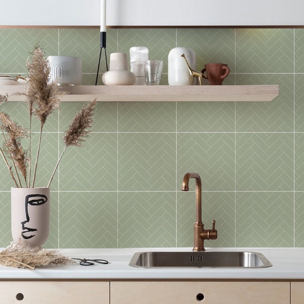 FUNLIFE | Abstract Backsplash Tile Stickers, Sage Green Herringbone Peel and Stick Tile Decals, Kitchen Makeover, Waterproof, Heat resistant
