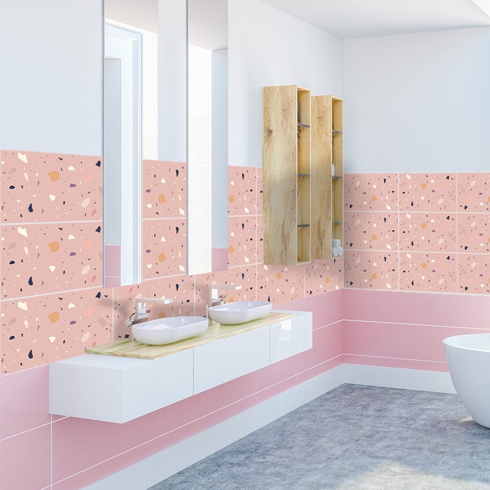 FUNLIFE Pink Terrazzo Bathroom Makeover Floor Tile Sticker, Peel and Stick,  Waterproof, Ideas for Modern Bath Decorating 