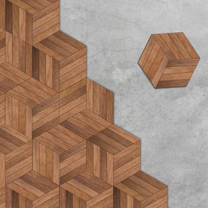 FUNLIFE | Walnut Wood Hexagon HoneyComb Tile Floor Stickers, Vintage Art, Bathroom, Peel and Stick, waterproof