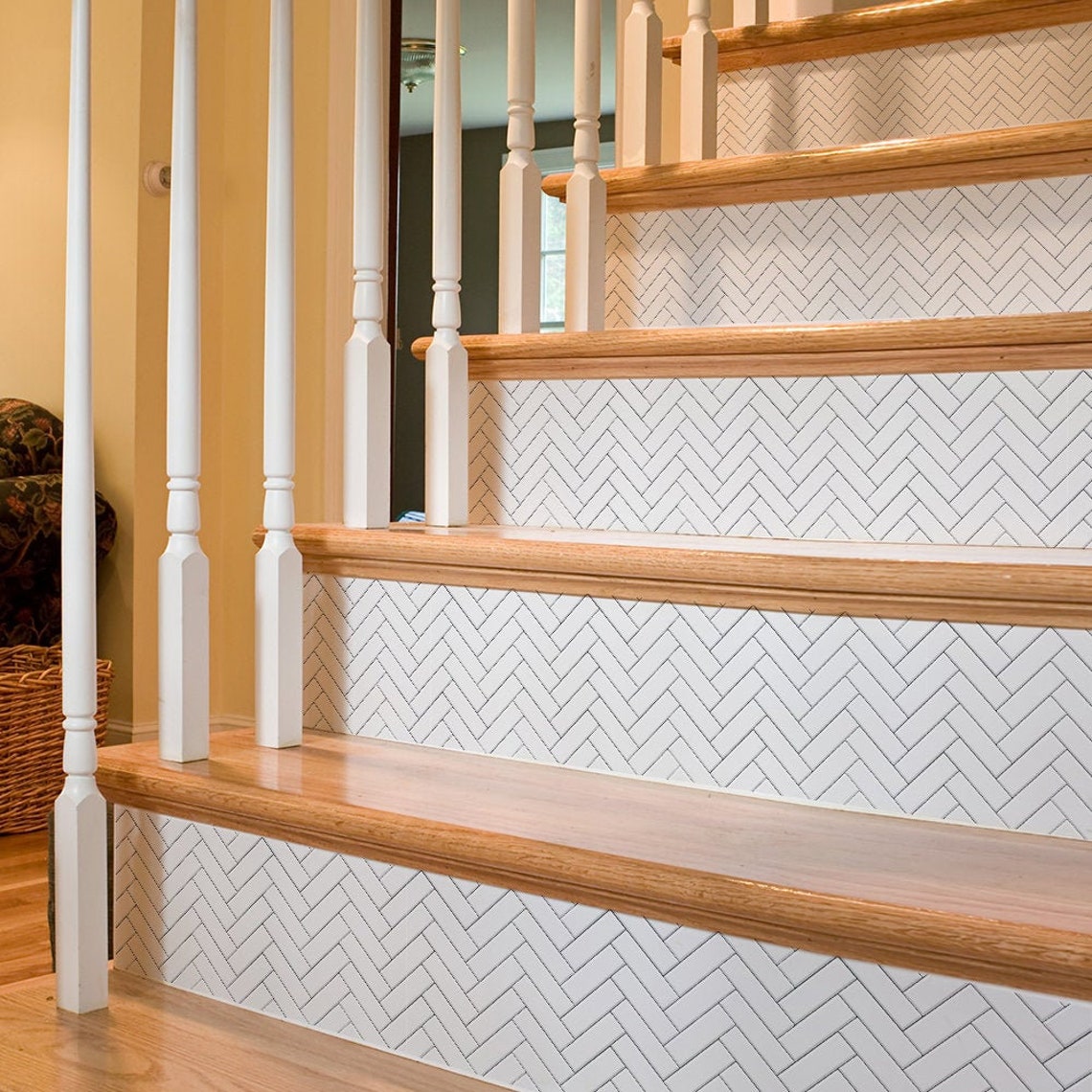 Peel and Stick Stair Riser Stickers Gray Herringbone Etsy UK