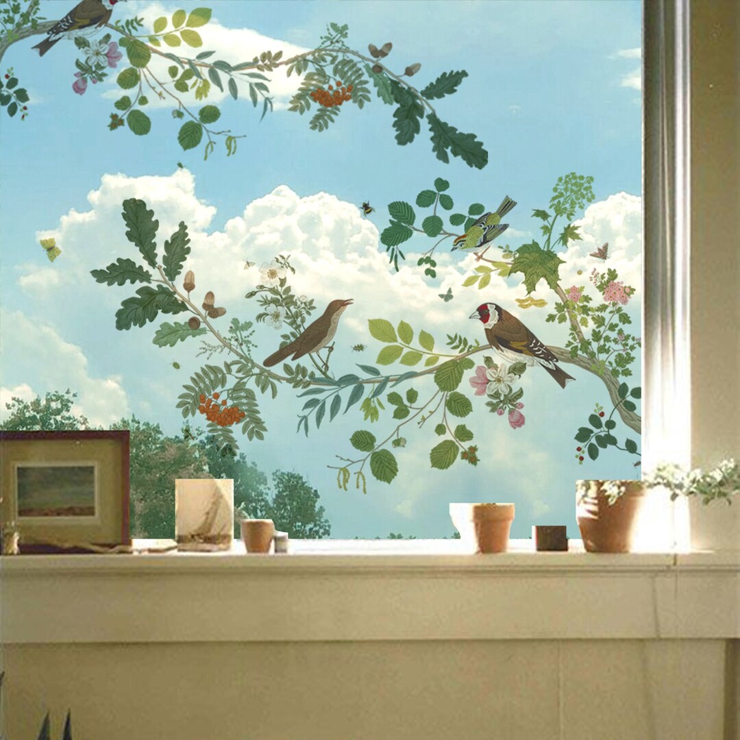 FUNLIFE Leaves Window Film, Bird Window Decals, Botanical Home Decor