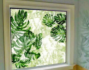 FUNLIFE| Tropical Leaves Window Display Decal, Aquarelle Monstera Leaf Window Cling Custom, Réutilisable, Plant Window Sticker for Living Room