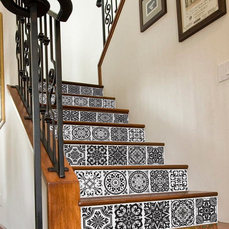 FUNLIFE Black and White Tiles Stair Riser Strips Stairway Etsy