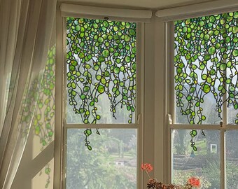 FUNLIFE | Spring green pearl vine Window Decals, original hand drawn Window Film, Static Adhesion and Reusable,Removable Sticker for Winndow