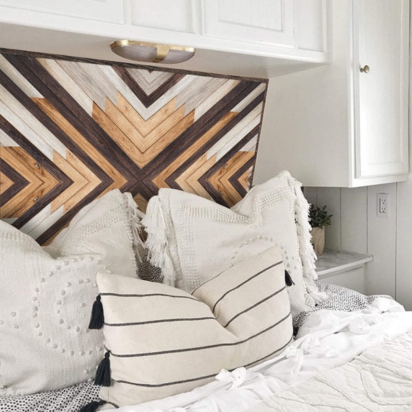 FUNLIFE | Peel and Stick Headboard Decal, Wood Grain Brown Chevron Headboard for Bedroom, Self-adhesive,Queen/Full Size Headboard Stickers