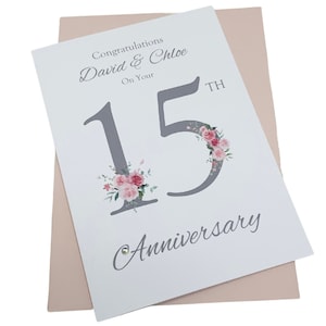Carte 15e anniversaire de mariage - Cristal 15 ans Carte de voeux quinzième anniversaire Cadeau Femme Mari Couple Amis - Chiffre floral