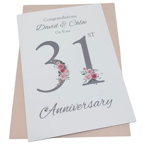 Biglietto di auguri per il 31° anniversario di matrimonio - Orologio 31 anni Trentunesimo biglietto di auguri, regalo per moglie marito genitori coppia amici - Numero floreale