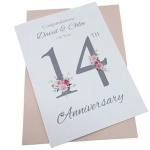 Kaart 14e huwelijksverjaardag - ivoor 14 jaar veertiende wenskaart, cadeau voor vrouw echtgenoot ouders paar vrienden - bloemennummer