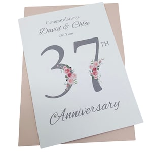 Carte d'anniversaire de mariage pour 37 ans - Albâtre, trente-septième anniversaire de 37 ans, cadeau pour femme mari, parents, couple, amis - chiffre floral
