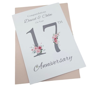 Tarjeta del 17.° aniversario de bodas: tarjeta de felicitación del 17.° aniversario de bodas, regalo para esposa, esposo, padres, pareja, amigos, número floral
