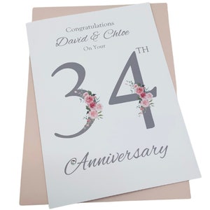 Carte d'anniversaire de mariage pour 34 ans - 34 ans, trente-quatrième carte de voeux opale, cadeau pour femme mari parents couple amis - nombre floral