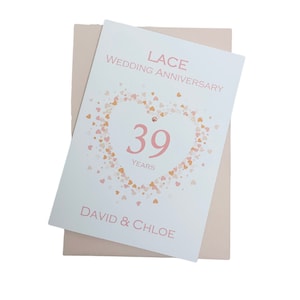 Carte d'anniversaire de mariage pour 39 ans - Trente-neuvième anniversaire de 39 ans en dentelle, cadeau pour femme, mari, parents, couple, amis - Cœur d'amour