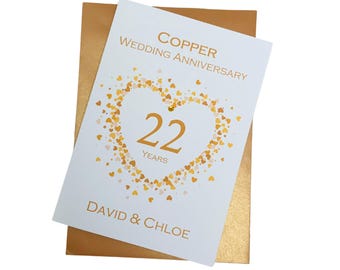 22nd Wedding Anniversary Card - Copper 22 Year Twenty Second Greeting Card, Gift for Wife, Husband, Parents Couple Friends - LH 22