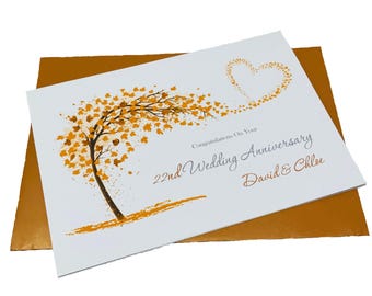 22nd Wedding Anniversary Card - Copper 22 Year Twenty Second Greeting Card, Gift for Wife, Husband, Parents Couple Friends - SH 22