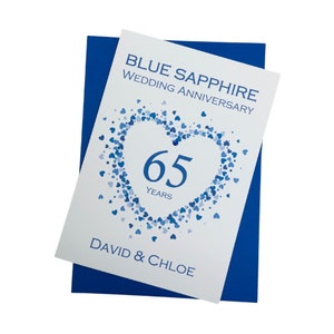 65° anniversario di matrimonio - Biglietto d'auguri per il 65° anniversario di matrimonio in zaffiro blu, regalo per moglie, marito, genitori, coppia, amici - Amore a forma di cuore