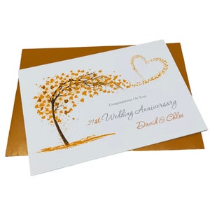 Tarjeta del 21.° aniversario de bodas: tarjeta de felicitación de latón para el vigésimo primer aniversario, regalo para esposa, esposo, padres, pareja, amigos: corazón deslumbrante