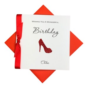 Carte d'anniversaire pailletée avec chaussures à talons hauts - carte de voeux personnalisée, cadeau pour petite-fille femme maman fille nièce amis