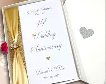 Carte de 14 ans de mariage - Carte de voeux de luxe de 14 ans pour le quatorzième anniversaire de mariage, cadeau personnalisé pour femme, mari, parents, couple
