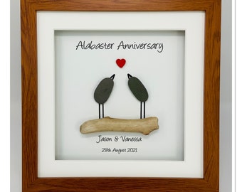 37th 37 Years Alabaster Wedding Anniversary Gift Husband Wife Couple Picture Frame Personalised (Frame Colour Choice)  - Pebble Birds
