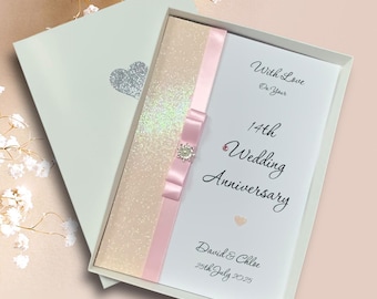 Carte d'anniversaire de mariage pour 14e anniversaire de mariage - Ivoire 14 ans, quatorzième cadeau pour femme, mari, petite amie, petit ami - 18 couleurs au choix - Noeud de luxe