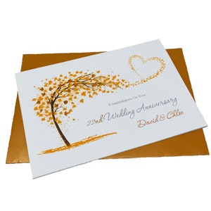 Tarjeta del 22.º aniversario de bodas: tarjeta de felicitación de cobre con 22 años y 22 segundos, regalo para esposa, esposo, padres, pareja y amigos: corazón deslumbrante