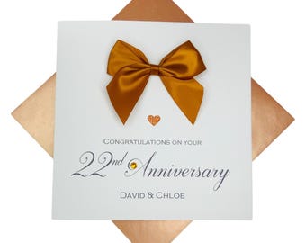 22nd Wedding Anniversary Card - Copper 22 Year Twenty Second Greeting Card, Gift for Wife, Husband, Parents - Colour Choice - RE 22