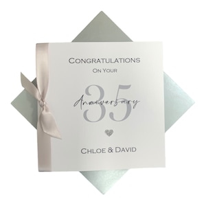 35th Wedding Anniversary Card - Coral 35 Year Thirty Fifth Greeting Card, Gift for Wife Husband Parents - 17 Colours- Ribbon Number