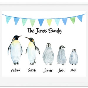 Penguin Family Personalised Watercolour Premium Print Picture Custom Gift Present Grandchildren Mothers Day Wedding Christmas  - Design 2