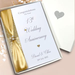 Tarjeta del 13.º aniversario de bodas: tarjeta de felicitación de lujo con motivo del decimotercer aniversario de 13 años, regalo personalizado para esposa, esposo, padres, pareja