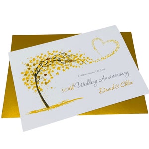 Tarjeta del 50.° aniversario de bodas: tarjeta de felicitación dorada por el quincuagésimo aniversario, regalo para esposa, esposo, padres, pareja, amigos: corazón deslumbrante