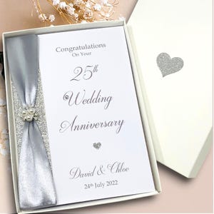 Tarjeta del 25.° aniversario de bodas: tarjeta de felicitación de lujo del 25.° aniversario de bodas en plata, regalo personalizado para esposa, esposo y padres