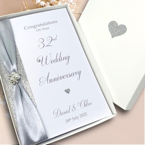 Tarjeta del 32.º aniversario de bodas: tarjeta de felicitación de lujo con motivo del trigésimo segundo aniversario de bodas en lapislázuli, regalo personalizado para esposa, esposo y padres
