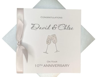 10th Wedding Anniversary Card - Tin 10 Year Tenth Anniversary  Greeting Card, Gift for Wife, Husband, Couple Friends - Champagne