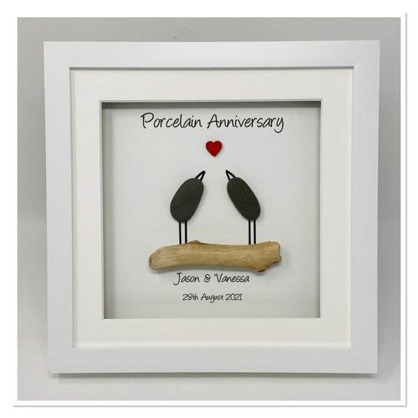 18th 18 Years Porcelain Wedding Anniversary Gift Husband Wife Couple Picture Frame Personalised (Frame Colour Choice)  - Pebble Birds