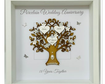 18th 18 Years Porcelain Wedding Anniversary Married Couple Husband Wife Gift Present Family Tree Picture Frame Personalised - Message