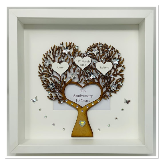 10th 10 Years Tin Wedding Anniversary Married Gift Present Him Her Husband  Wife Family Tree Picture Frame Personalised Heart 