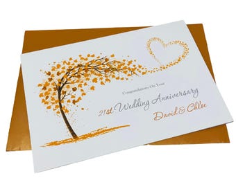 21st Wedding Anniversary Card - Brass 21 Year Twenty First Greeting Card, Gift for Wife Husband Parents Couple Friends - SH 21