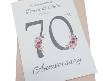 70th Wedding Anniversary Card - Platinum 70 Year Seventieth  Greeting Card Gift Wife Husband Parents Couple Friends - Floral Number