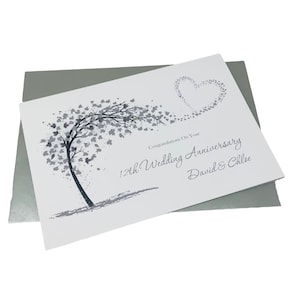 Carte de 12e anniversaire de mariage - Carte de voeux de 12 ans en soie, cadeau pour femme mari couple amis - Grand coeur