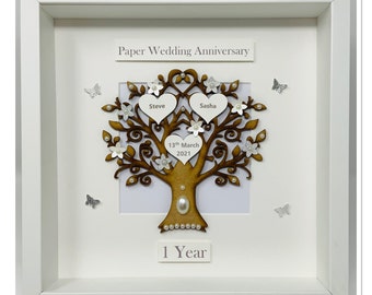 1st 1 Year Paper Wedding Anniversary Gift Present Married Husband Wife Custom Family Tree 3D Box Frame Personalised - Classic