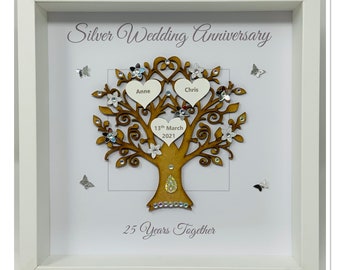 25th 25 Years Silver Wedding Anniversary Married Couple Husband Wife Gift Present Family Tree Picture Frame Personalised - Message