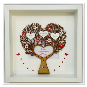 Può includere: Un'opera d'arte in legno incorniciata per un anniversario di rubino. L'albero ha un tronco a forma di cuore e rami adornati con fiori e gemme rosse. I nomi "Anne" e "Robert" sono su cuori, con la data "13th March 2021". Il testo "Ruby Anniversary 40 Years" è visibile.