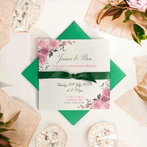 Hochzeitseinladungskarte - Brautpaar - Farbiger Umschlag - Namen, Datum, Zeit Ort, Antwortzeit - Wählen Sie Farbe / Packungsmenge