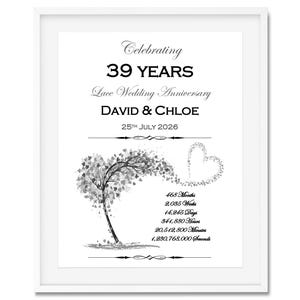 Puede incluir: Impresión en blanco y negro enmarcada que celebra un 39 aniversario de boda de encaje. La impresión incluye los nombres David & Chloe, la fecha 25 de julio de 2026 y un diseño de árbol y corazón. También enumera la duración en meses, semanas, días, horas, minutos y segundos.