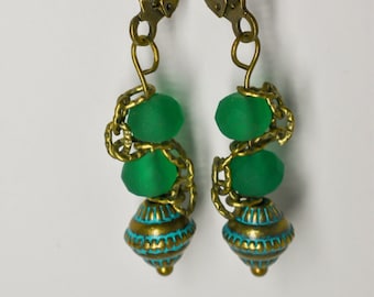 Unique Dangle Earrings, Green and Bronze Earrings